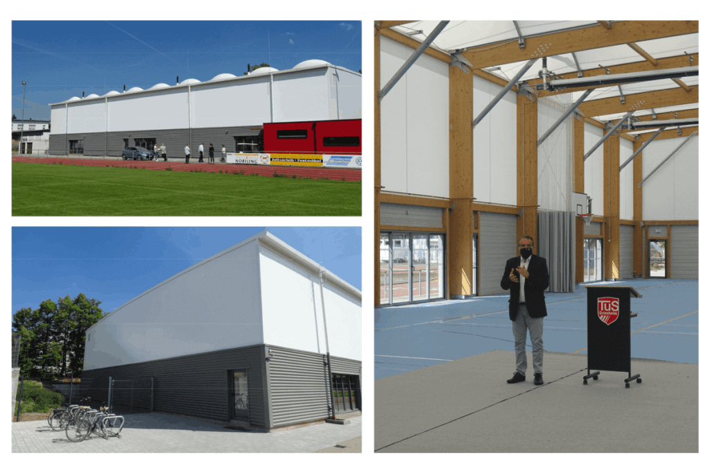 inauguration du premier gymnase en allemagne avec enveloppe textile a griesheim, dans le sud de la hesse
