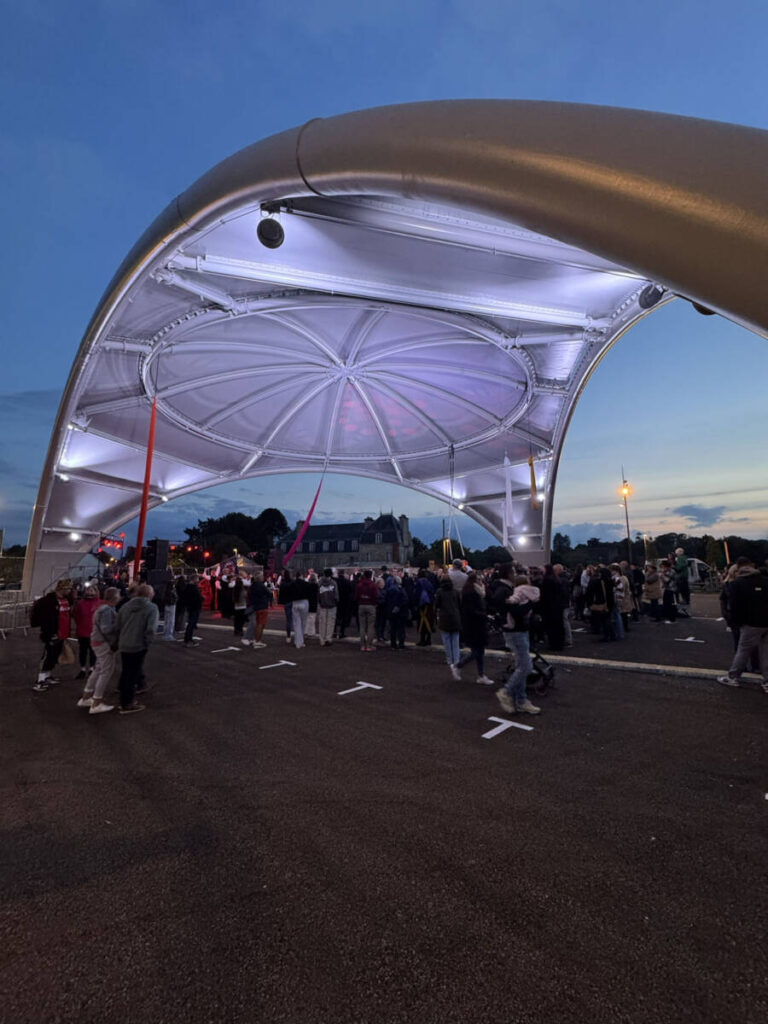 The VallyVellum in Guingamp: a monumental steel-and-fabric canopy spanning 13,940 sq ft, serving as an iconic centerpiece for Place du Vally.