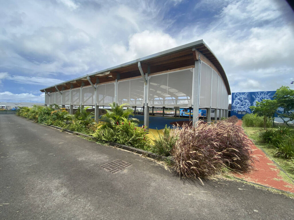 Construction of a multi-sport field in Saint-André (974): mixed wood-steel structure, 1,521 m², for year-round sports activities.